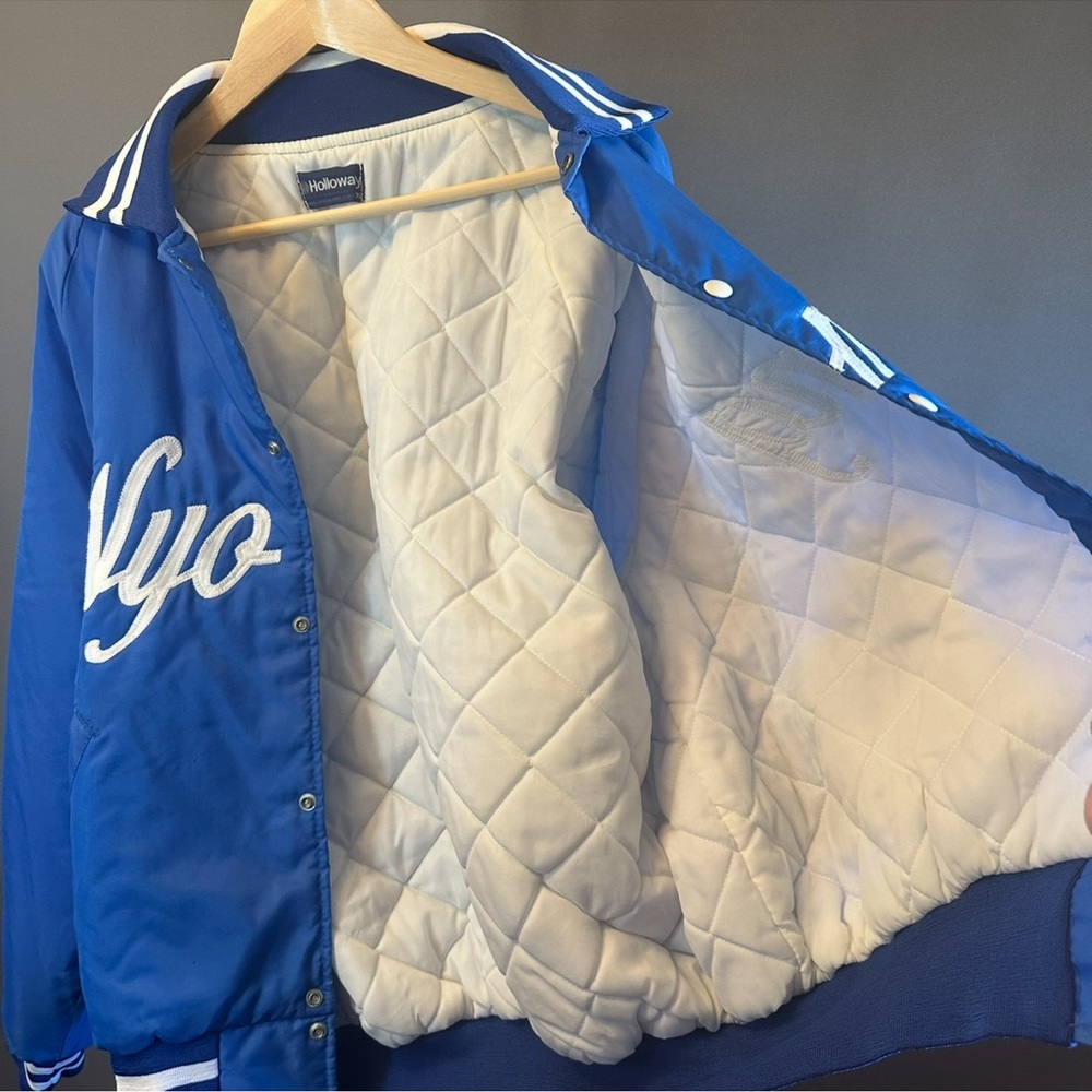 Vintage 90s Wyoming 36 Holloway Blue and White Varsity Bomber Jacket Men's - Picture 8 of 14